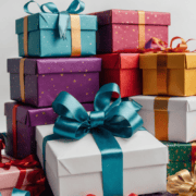 Gift boxes of all colors and sizes stacked up on top of each other with bows; calling to reflect on the spiritual impact of gift-giving in excess.